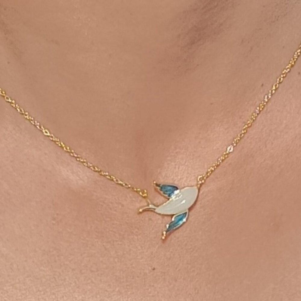 Bird Jade Sterling Silver 14k Gold Plated Necklace, Natural White Nephrite Jade - Picture 3 of 9